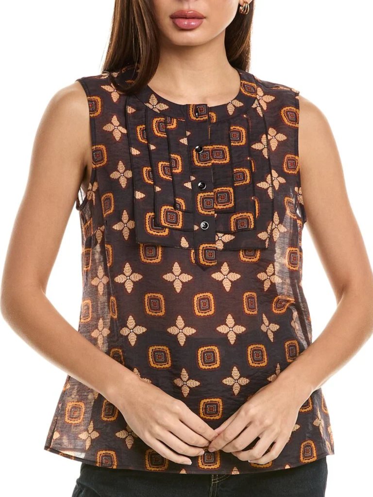 Cabi Louis Top Medium Brown Medallion Print Sheer Sleeveless Bib Retro